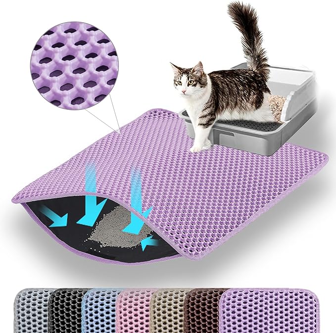 Petinstinct Extra Large Cat Litter Mat, 30x22 Inches Honeycomb Double Layer Cat Litter Trapping Mat, Non Slip Waterproof Urine Proof Large Kitty Litter Box Mat for Floor, Kitten Supplies, XL, Purple