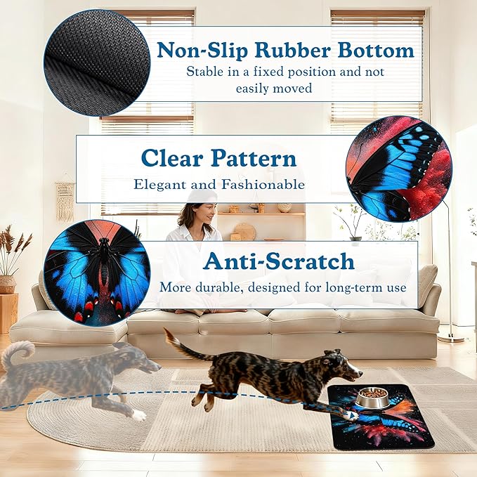 Blue Butterfly on Blooming Pet Feeding Mat–Quick Dry Absorbent Dog Cat Food Mat, Non Slip Waterproof Bowl Placemat for Messy Eaters, Pet Accessories for Floors 16"x24"