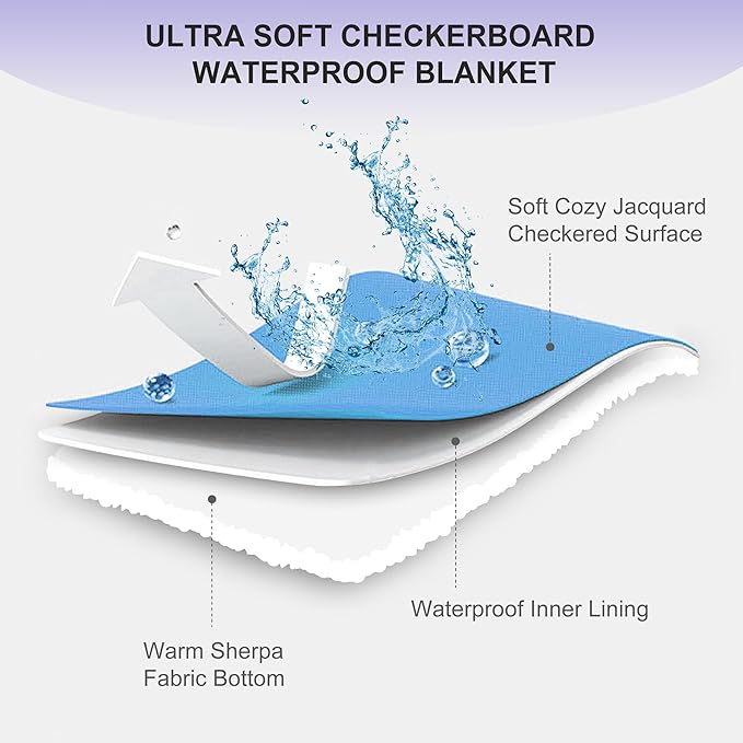 Yaning Checkered Waterproof Blanket for Bed Couch Sofa Car, Fluffy Soft Dog Blanket with 3D Jacquard Grid Pattern, Reversible Leakproof Pet Blankets for Dogs Cats Puppies, Lilac, 50"x60"