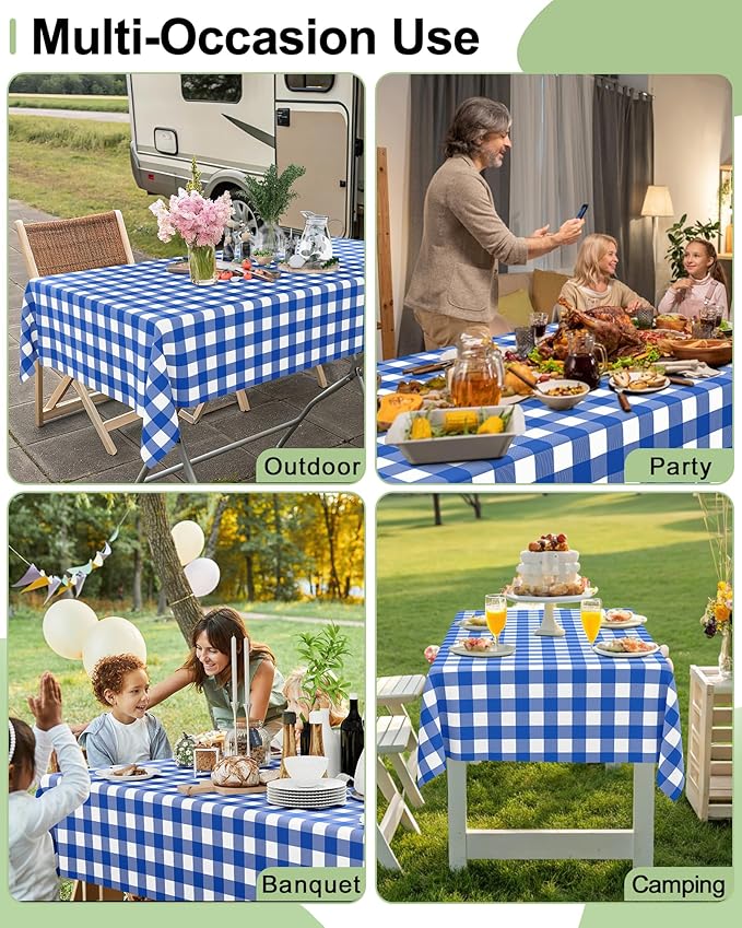 Smiry 8 Packs Gingham Disposable Table Cloth, 54 x 108 Inch Waterproof Plastic Tablecloth, Rectangle Blue and White Checkered Table Covers for Picnic, Birthday, Party