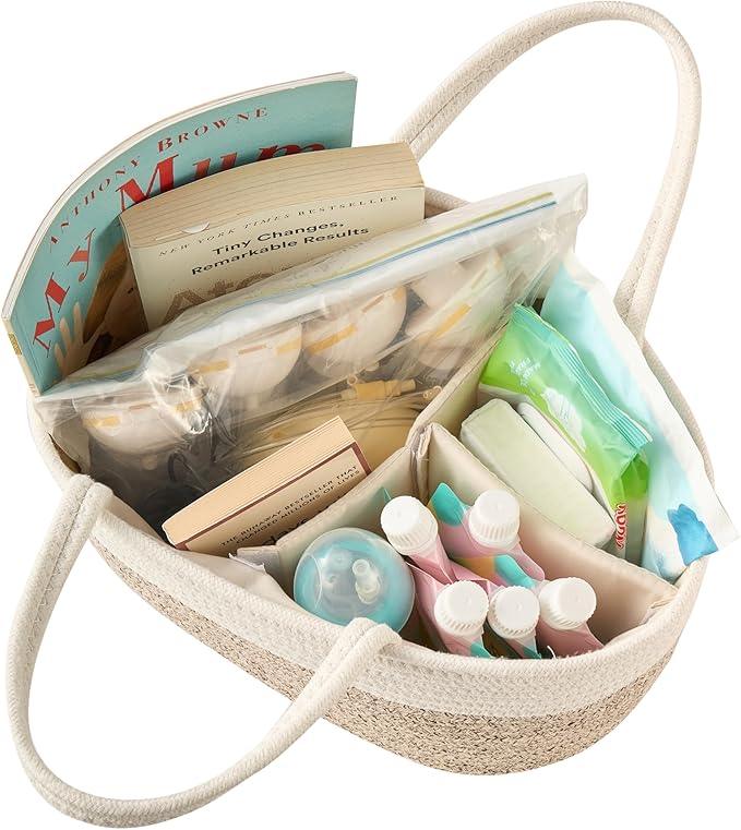 Diaper Caddy Organizer, Empty Gift Basket for Newborn Essentials, Baby Storage Basket, Stylish Gift Bag for Baby Shower, Boys and Girls - Small, White&Beige Brown