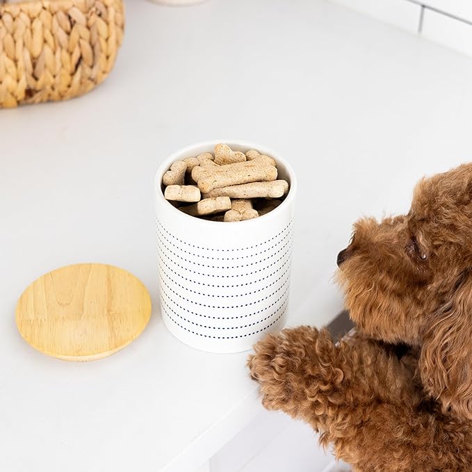 Pearhead Ceramic Dog Treat Jar with Wooden Lid – Container for Dog Biscuits & Training Treats, Airtight Stoneware Pet Snack Storage Canister, Modern Blue Dot Kitchen Countertop Jar