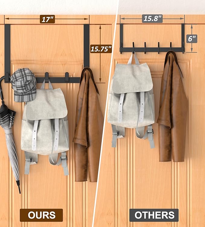 CHAUNCEY HOME Long Over The Door Hooks with 15.75-inch Arms for Easier Access by Women, Heavy Duty Door Hanger for Winter Coat, L16U, Fits Standard 1 3/4'' Doors, Towel Racks Organization, Black