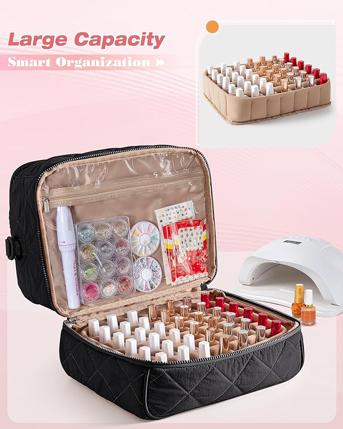 Quilted Nail Polish Organizer Bag Holds 42 Bottles and Nail Lamp, Nail Polish Storage Case with Crossbody Straps and Multiple Pockets, Black