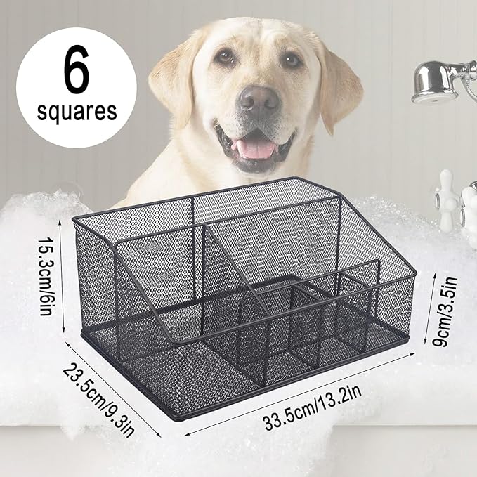 Universal Pet Grooming Supplies Organizer, 6-Compartment Mesh Wire Dog Storage Organizer for Grooming Supplies, Cat Blanket, Shampoo, Trimmer, Clipper, Brush