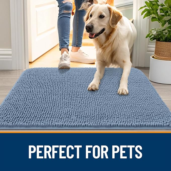 OLANLY Dog Door Mat for Muddy Paws 54x32, Absorbs Moisture and Dirt, Absorbent Non-Slip Washable Doormat, Quick Dry Chenille Mud Mat for Dogs, Entry Indoor Entryway Carpet for Inside Floor, Airy Blue