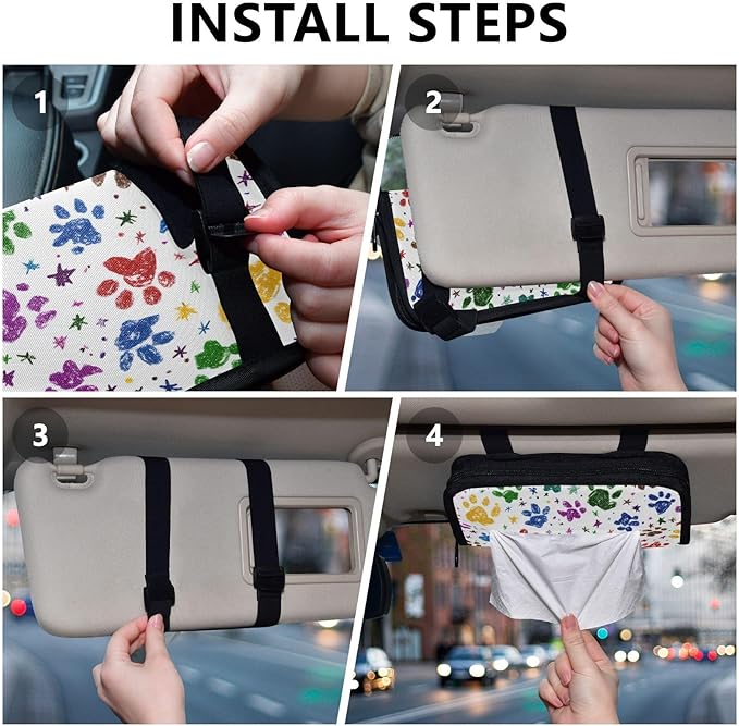 Car Tissue Holder Car Napkin Holder Car Tissue Box Dispenser Storage Case Sun Visor Mask Holder with Adjustable Straps Reusable Refillable Paw Prints and Stars