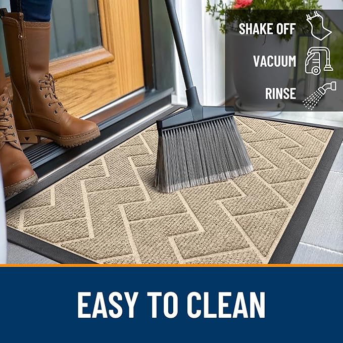 OLANLY Front Door Mat Indoor Outdoor Entrance, Waterproof All-Season, All-Weather Doormat, Sturdy Natural Rubber, Low Profile, Easy Clean Patio Porch Entryway Mat, Herringbone Brick (Beige, 35x23)