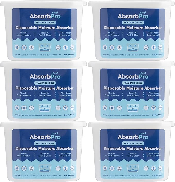 Moisture Absorber Tub Fragrance Free - 6-Pack - 10.5 oz Unscented Disposable Odor Eliminator Box & Dehumidifier for Garage, Home, Kitchen, Bedroom, Bathroom, Closet, Cars, and Boats