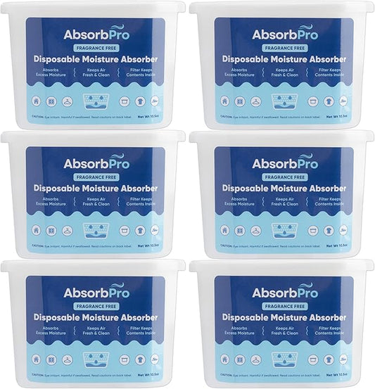 Moisture Absorber Tub Fragrance Free - 6-Pack - 10.5 oz Unscented Disposable Odor Eliminator Box & Dehumidifier for Garage, Home, Kitchen, Bedroom, Bathroom, Closet, Cars, and Boats
