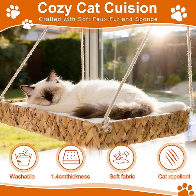 Cakhdry Cat Window Perch with Industrial-Grade Suction Cups and Ball Toy, Cat Window Hammock - 45 lbs Capacity, Handwoven Straw Sturdy Hanging Bed Seat Soft Cushion for Large Heavy Cats