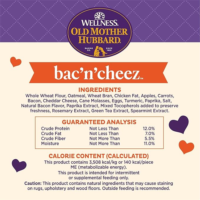 Old Mother Hubbard Wellness Bac'N'Cheez Dog Biscuits, Natural, Training Treats, Bacon & Cheese Flavor, Large Size, (3.3 Pound Bag)