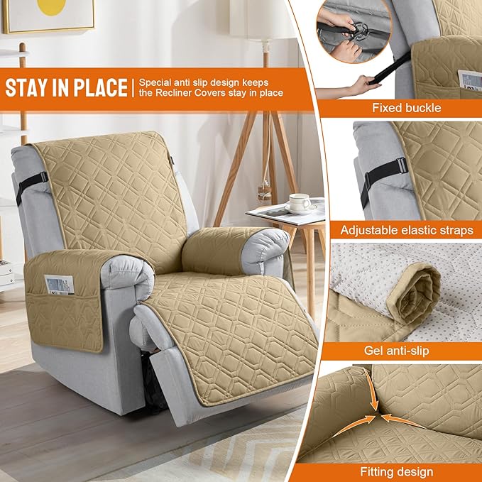 VANSOFY 100% Waterproof Recliner Chair Covers, Recliner Cover Non-Slip Dog Chair Cover Furniture Protector Washable Slipcover with Pocket, Elastic Straps for Pets, Dogs(Sand, 25")