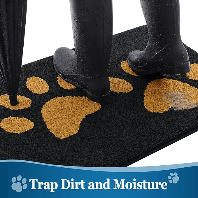 Buganda Dog Door Mat for Muddy Paws, Absorbent Dirt Trapper Washable Indoor Doormats, Non Slip Low-Profile Mud Mat for Dogs, Front Entrance Doormat for Inside Floor (36x24 Inches, Black and Yellow)