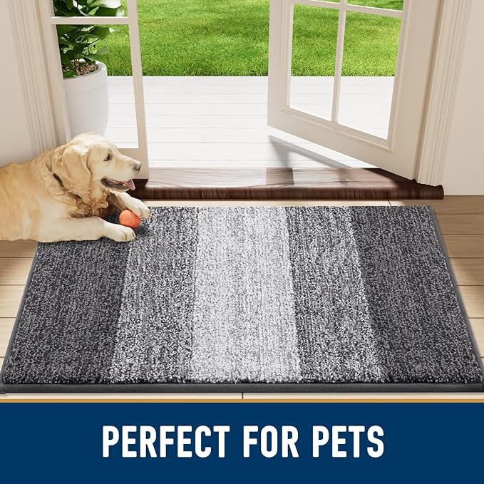 Smiry Dog Door Mat for Muddy Paws, Absorbs Moisture and Dirt, Low-Profile Entryway Mat with Non-Slip Backing, Entry Indoor Outdoor Doormat for Inside Floor (70x24 Inches, Grey, Striped)