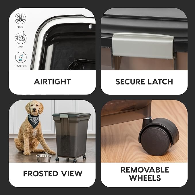 IRIS USA 58 Lbs / 67 Qt WeatherPro Airtight Pet Food Storage Container with Attachable Casters, For Dog Cat Bird and Other Pet Food Storage Bin, Keep Fresh, Easy Mobility, BPA Free, Smoke
