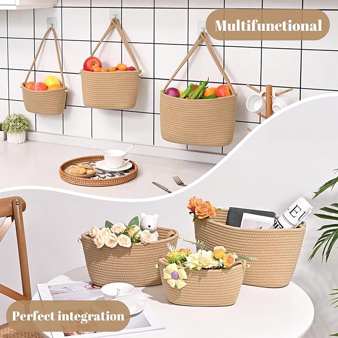 Hanging Storage Baskets, Over The Door Basket, Cotton Wall Baskets Storage, Hanging Door Basket with 4 Hooks