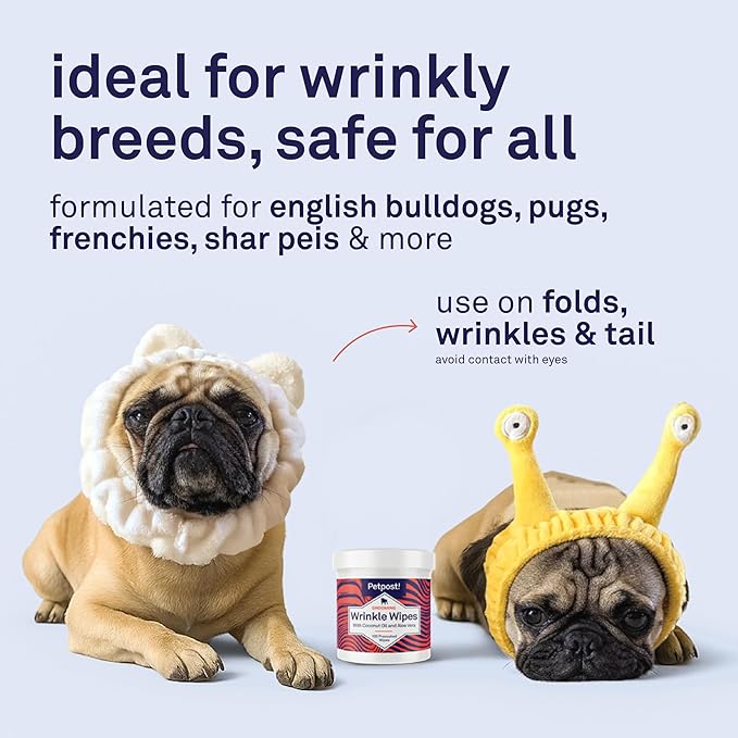 Petpost Wrinkle Wipes for Dogs | 100 Count Dog Face & Wrinkle Cleaner | Gentle Pet Wipes with Coconut Oil for Bulldogs, Pugs & Wrinkly Breeds | Dog Cleaning & Deodorizing Wipes