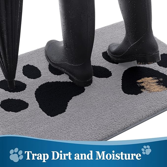 Buganda Dog Door Mat for Muddy Paws, Absorbent Dirt Trapper Washable Indoor Doormats, Non Slip Low-Profile Mud Mat for Dogs, Front Entrance Doormat for Inside Floor (48x30 Inches, Grey)