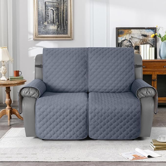 TAOCOCO 100% Waterproof Recliner Couch Covers, Recliner Sofa Covers with Leg Straps, 1-Piece Washable Reclining Sofa Cover with Pocket Couch Protector for Pets Kids(2 Seater, Bluish Grey)