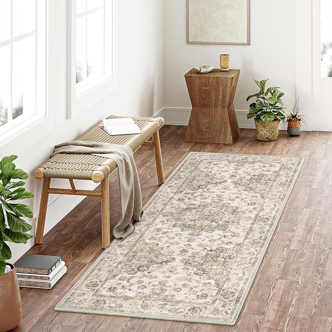 2x5 Washable Neutral Runner Rug Brown Vintage Hallway Kitchen Carpet Non-Slip Soft Low Pile Farmhouse Throw Rug for Bedroom Bathroom Laundry Living Room