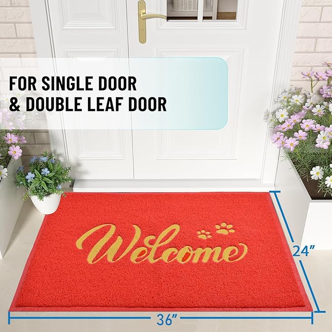 T.HENV Welcome Mat - Outdoor, 36x24 Waterproof All-Season Door Mat, All-Weather Quick Drying, Low Profile, Red-Gold