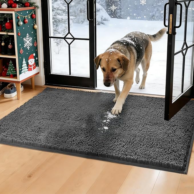 WAYNHUI Dog Door Mat for Muddy Paws 72"x 36" Absorbent Dirt Trapper Quick Dry Non Slip Washable Chenille Mud Mat for Dogs, Front Door mat Indoor Entrance Pets Rug, Dark Grey (72"x 36")