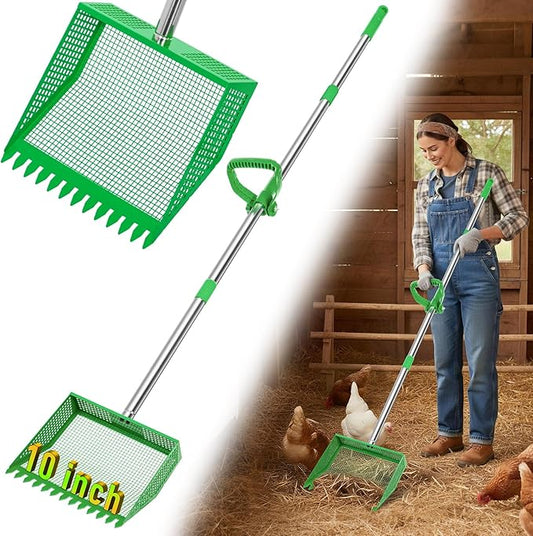 TOOGE Large Chicken Poop Scooper: 2-in-1 Metal Pooper Scooper & Rake Adjustable 62" Long Handle Stainless Steel Sand Sifting Litter Shovel Chicken Coop Scoop Cleaning Tool for Goat Yard Bright Green