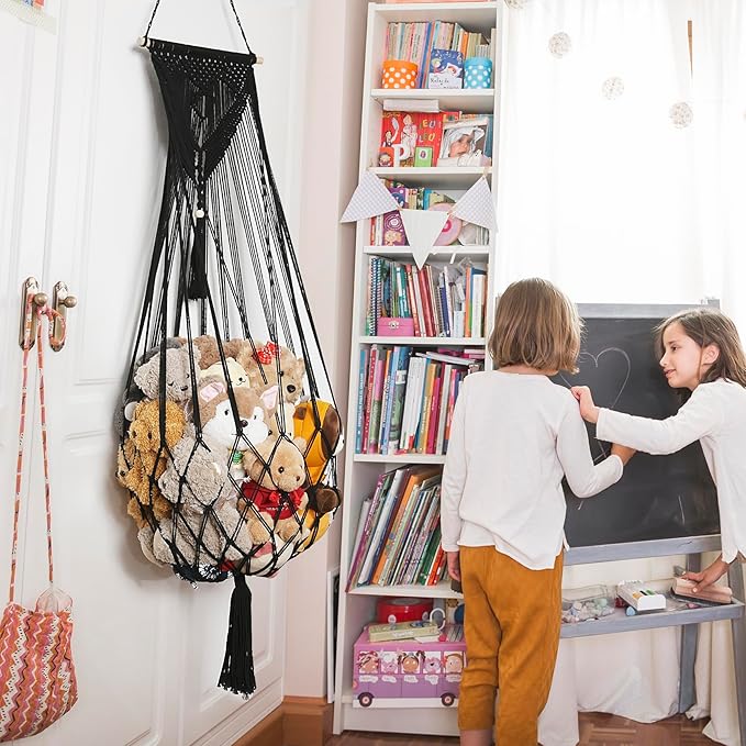 Stuffed Animal Net or Hammock Corner or Wall Hanging Net for Plush Toy Storage Boho Macrame Toy Display Nursery Bedroom Decor Stuffy Animal Toy Organizer (Black)