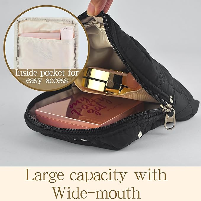 Small Floral Quilted Makeup Bag, Coquette Aesthetic Travel Toiletry Organizer for Women, Lightweight Cotton Cosmetic Pouch