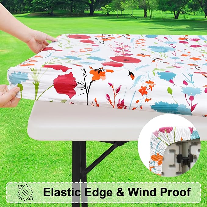 misaya Square Vinyl Tablecloth, Fitted Table Cover, 100% Waterproof, Elastic Edge, Flannel Backing, Plastic Tablecloth Fit Folding Tables for Picnic, Camping, Outdoor (Flowers, 32x32 inch)
