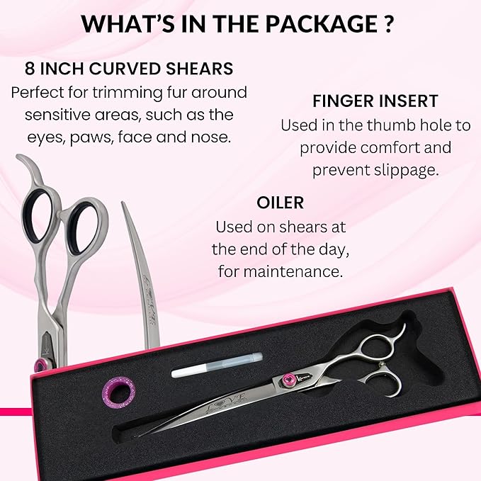 Kenchii Love Left Handed Dog Grooming Scissors, 8 Inch Curved Shears, Dog Scissors for Grooming, Professional Pet Grooming Scissors, Ergonomic & Comfortable