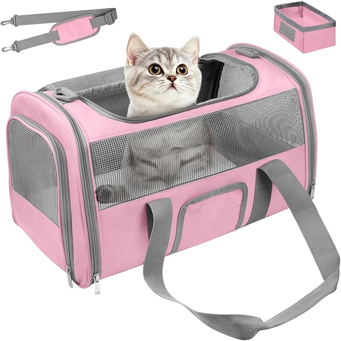 Soft-Sided Cat Carrier for Pets Up to 15lbs, Airline Approved Under-Seat Travel Carrier, 17 Inch TSA Approved with Collapsible Bowl, Breathable Mesh & Removable Pad, Pink-Grey