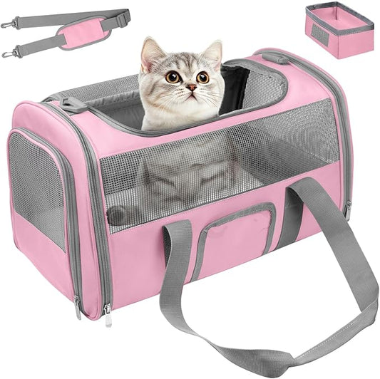 Soft-Sided Cat Carrier for Pets Up to 15lbs, Airline Approved Under-Seat Travel Carrier, 17 Inch TSA Approved with Collapsible Bowl, Breathable Mesh & Removable Pad, Pink-Grey
