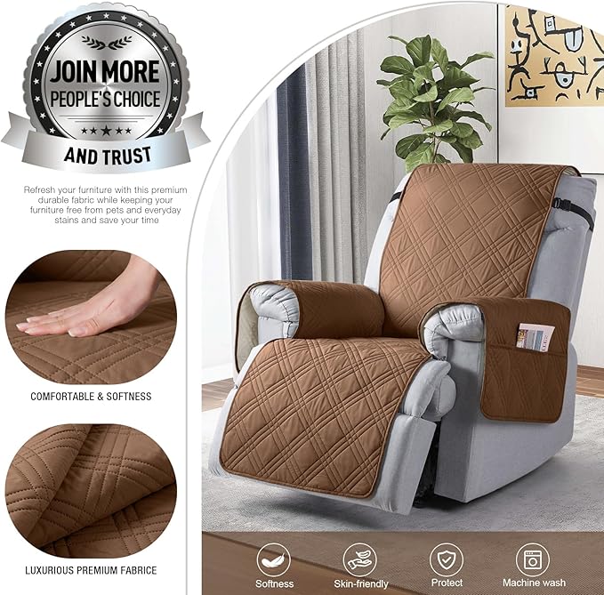 TAOCOCO 100% Waterproof Recliner Chair Covers, Non Slip Recliner Covers for Recliner Chair with Pocket, Washable Reclining Chair Cover Furniture Protector for Kids,Dogs(25'', Brown)
