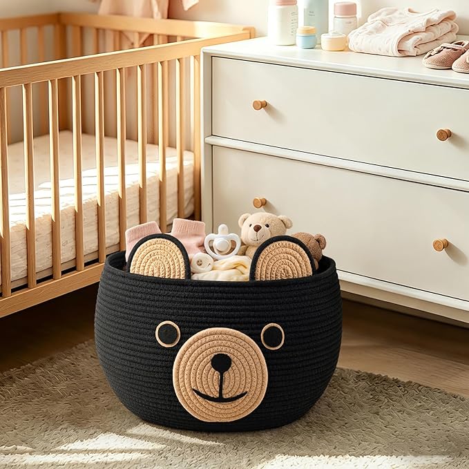 CherryNow Woven Rope Basket, Bear Baskets for Gifts Empty, Large Storage Basket for Living Room Nursery, Decorative Animal Baskets with Handles, Black, 15.7"D x 10.5"H