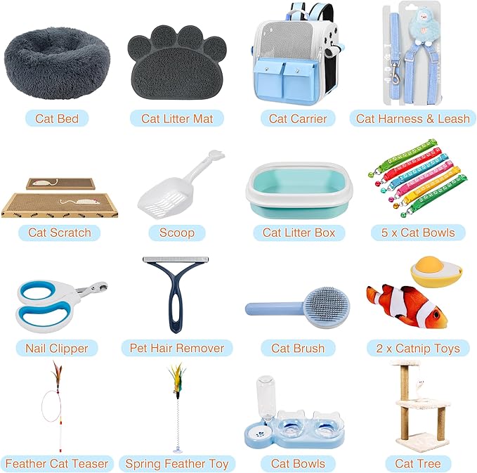 Kitten Starter Supplies Starter Kit, 20 pcs of Essentials, Including Bed, Carrier, Litter Mat, Box, Collar, Bowls and More, Perfect for New Cat Owner - Blue