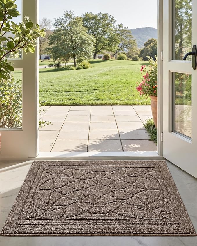 DEXI Front Entryway Door Mat Non Slip 32x48, Washable Inside Entry Way Mats Low Profile Entrance, Welcome Dirt Trapper Doormat Thin for House Floor Home Porter Hall Backdoor Area, Beige