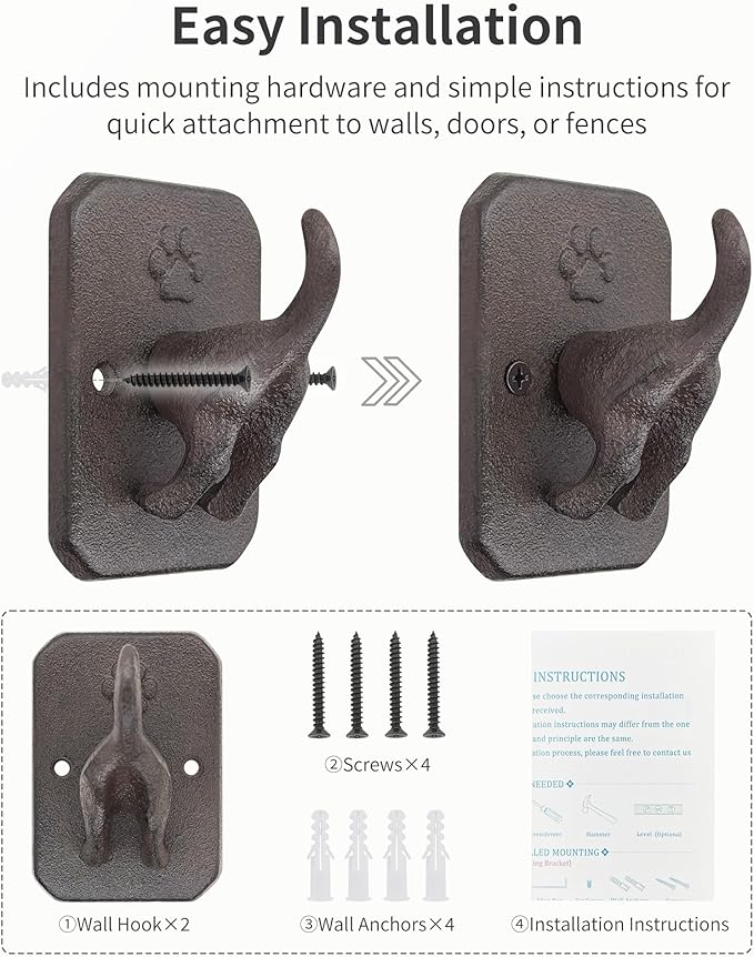 Cast Iron Dog Tail Wall Hooks - Heavy Duty Rustic Dog Leash Holder, Wall Mount Coat Hook for Hanging Key Towel Collar, Decorative Puppy Butt Paw Hanger for Farmhouse Entryway Mudroom, 2 Pack