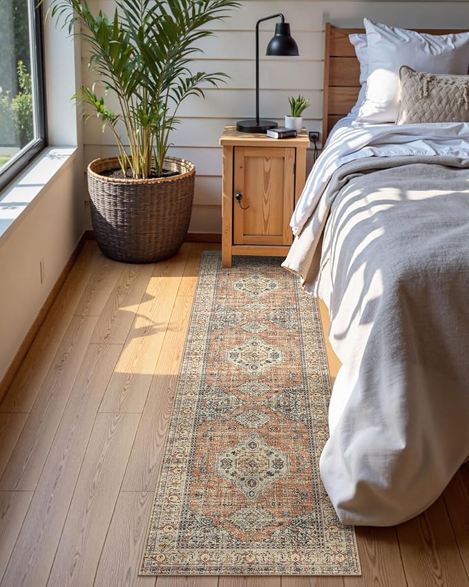 Lahome Oriental Washable Kitchen Runner Rug Non Slip, 2x8 Bathroom Runners for Hallways with Rubber Backing, Vintage Soft Long Carpet for Laundry Bedroom Eleanor, Peach/Orange