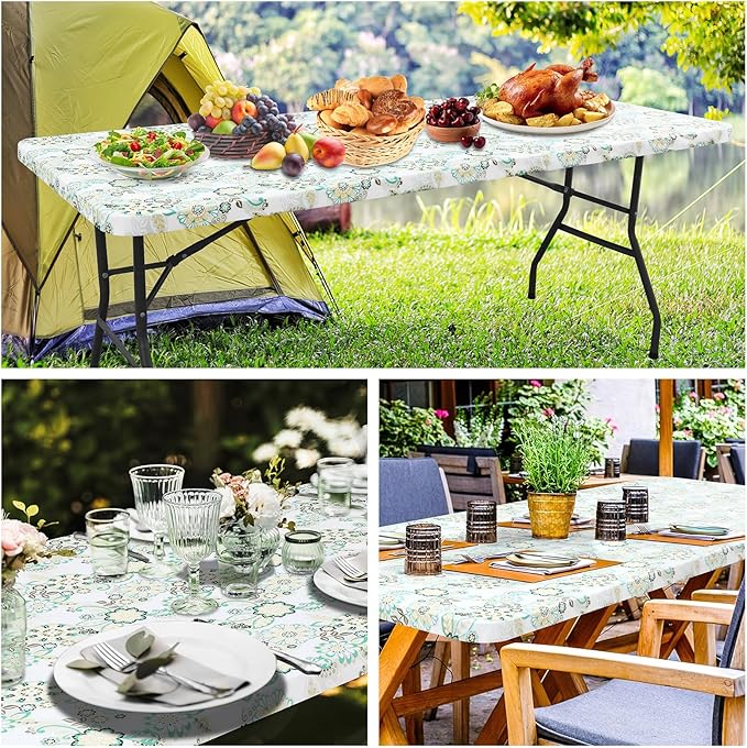 misaya Rectangle Vinyl Tablecloth, Fitted Table Cover, 100% Waterproof, Elastic Edge, Flannel Backing, Table Cloth Fit 8 Foot Folding Tables for Picnic, Camping, Outdoor (Paisley Flower, 30x96 inch)