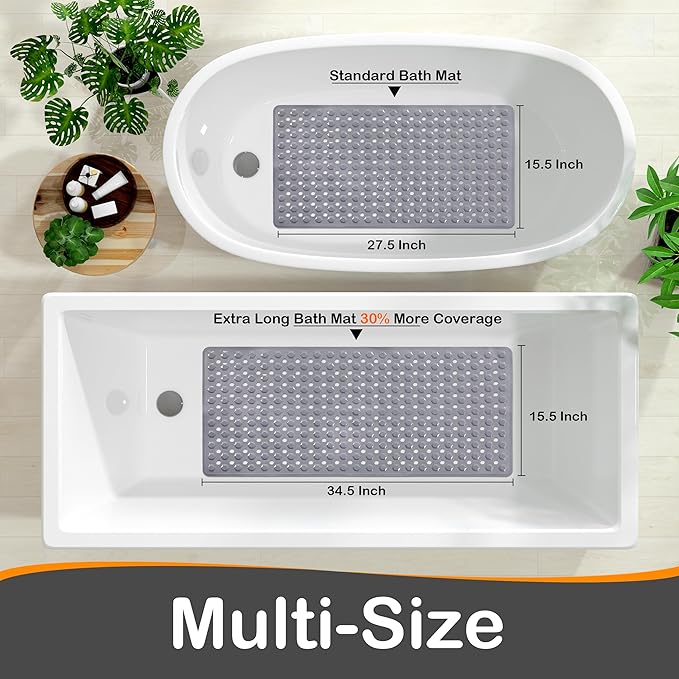 Yimobra Bath Tub Mat Non Slip, 34.5"x15.5" Long Shower Mat, Machine Washable Bathmat with Drain Holes and Suction Cups, Soft on Feet, Bathroom Essentials, Grey
