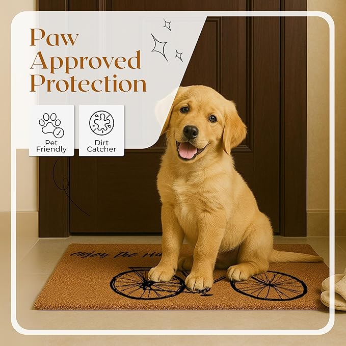 COCONIQ Coir Door Mats 17" X 30", Non-Slip Sturdy, PVC Backed Heavy Duty, Easy to Clean, Ideal for Door Entrance, Patio, Porch, Backyard, Garages, Enjoy The Ride Vintage Bicycle