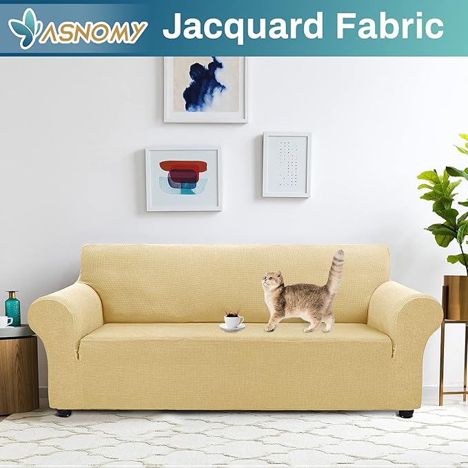Asnomy Couch Covers for 3 Cushion Couch Stretch Sofa Covers Slipcovers, Pet Protector Furniture Covers for Dogs Cats Spandex Jacquard Fabric Small Checks（X-Large，Champagne）