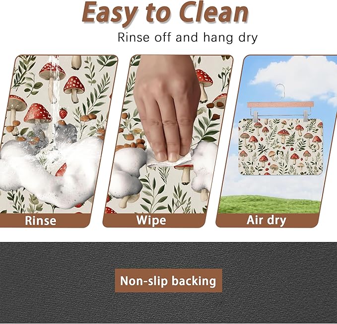 Red Mushroom Pet Feeding Mat,Fern Herb Berries Absorbent Quick-Dry Cat Dog Food and Water Bowl Mats,Non-Slip Rubber Backing Mat,Cat Dog Accessories Supplies 12"x20"