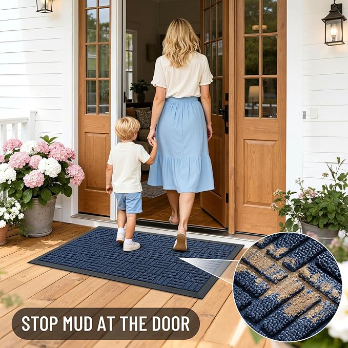 OLANLY Front Door Mat Outside Entrance 47x32, Absorbent, Heavy Duty Sturdy Natural Rubber Doormat Indoor Outdoor, Non-Slip, Stain and Fade Resistant, Low Profile Floor Mat for Entryway, Navy Blue