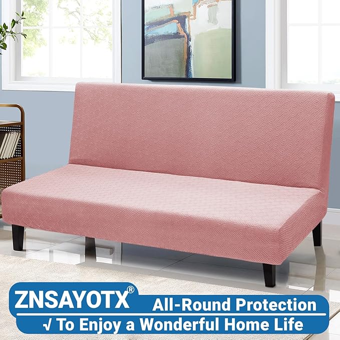 ZNSAYOTX Stretch Fit Futon Cover (67"-82") Armless Futon Sofa Bed Slipcover with Elastic Band, Universal Foldable Sofa Mattress Protector Full Queen Size, Washable Comfort Jacquard (Rose)