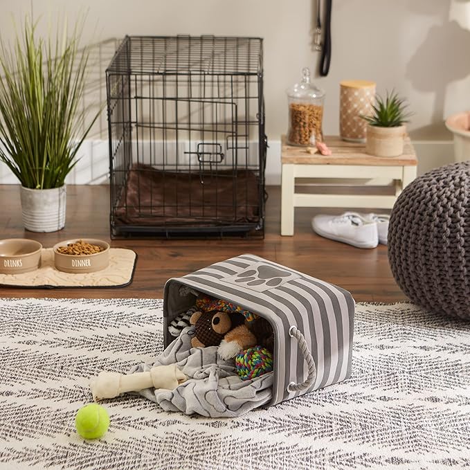 Bone Dry Pet Storage Collection Striped Paw Patch Bin, Small Rectangle, Gray