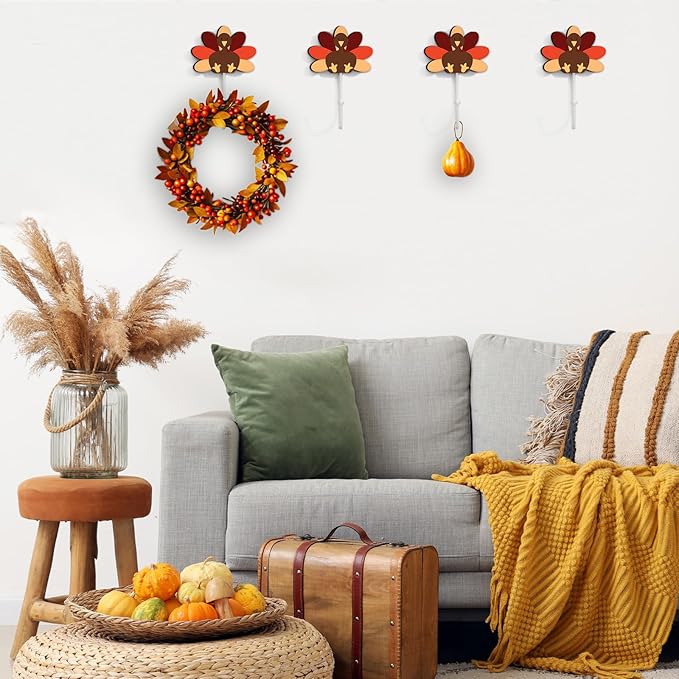 Weysat 4 Pcs Thanksgiving Wall Hooks Turkey Hand Towel Hook Thanksgiving Bathroom Decor Rustic Decorative Wall Mounted Key Holder for Fall Autumn Living Room Bathroom