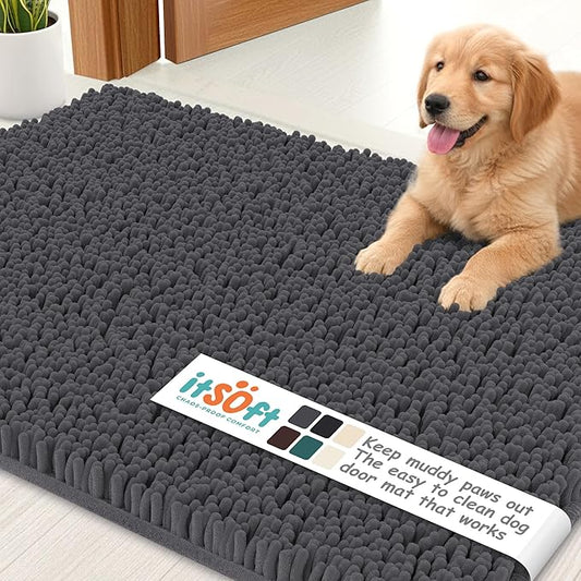 Dog Rugs for Muddy Paws 61x31 | Cleaner, Mud Free Floors | Dog Door Mat for Muddy Paws Muddy Rug for Dogs Absorbent Chenille Machine Washable w Non Slip Backing Outdoor Pets & Paw Matt, Charcoal Grey